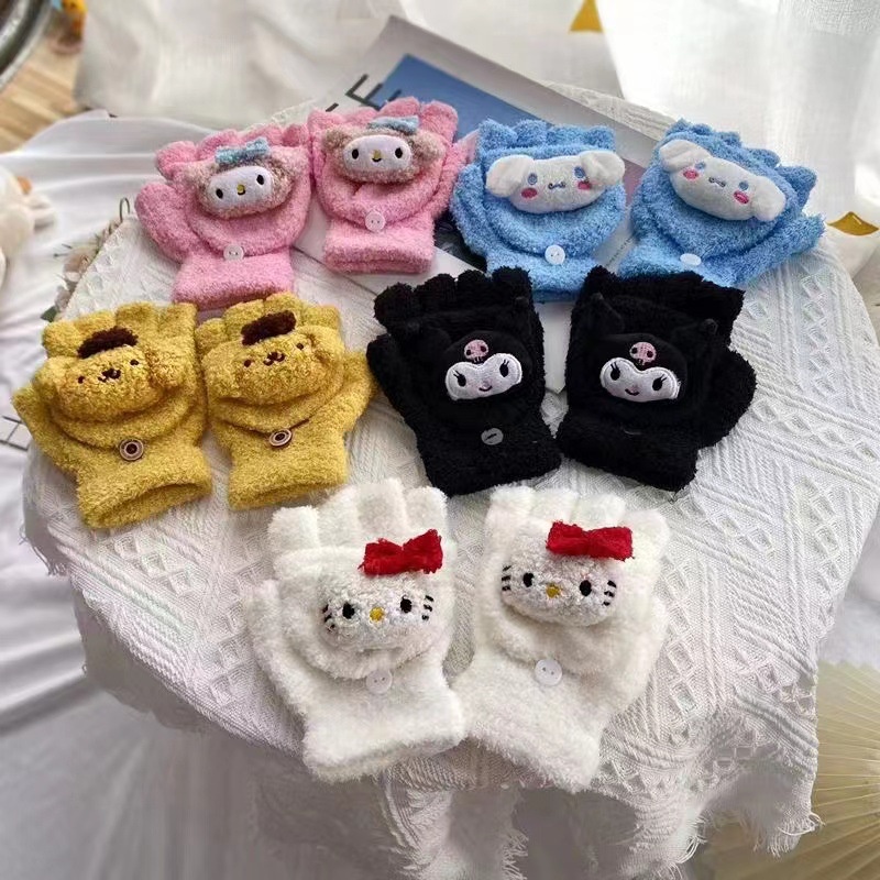 ♫ Găng Tay Mùa đông Sanrio Nhung San Hô Phim Hoạt Hình Dễ Thương Cinnamoroll Kuromi Màn Hình Cảm ứng Nửa Ngón Lật Lên Găng Tay Viết Cho Học Sinh để Làm Quà Tặng
