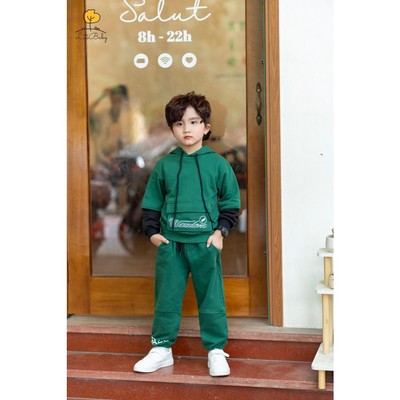 Bộ bé trai nỉ LITIBABY mũ túi trước cho bé từ 14kg - 43kg