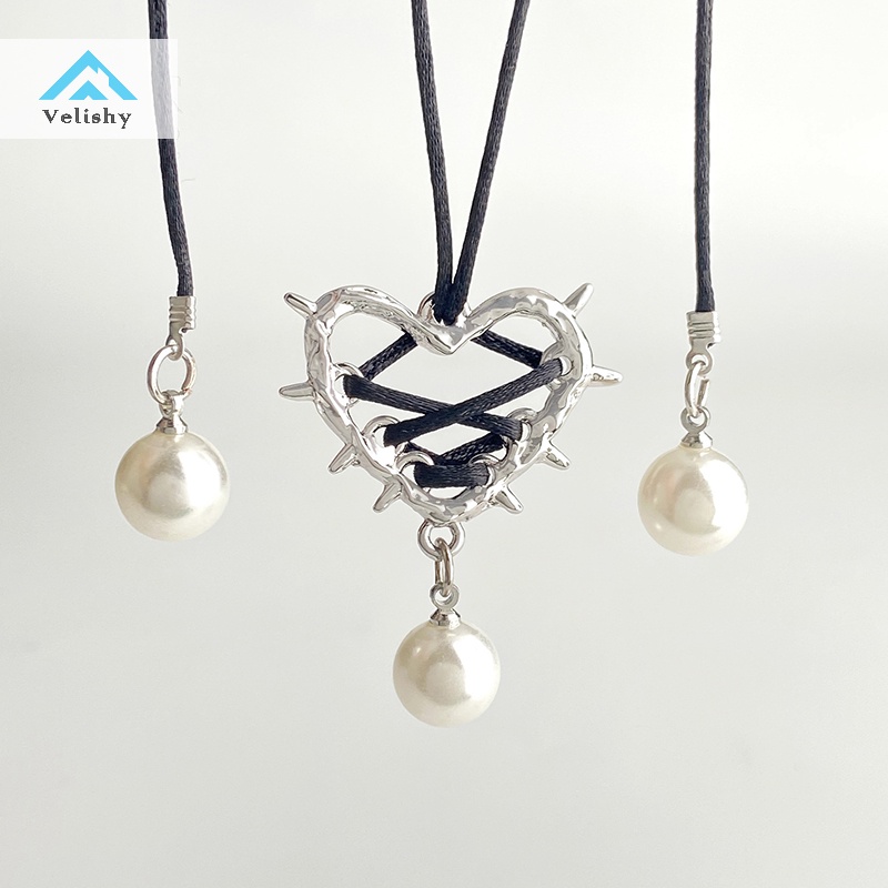 Velishy Vòng cổ Mặt Trái Tim Đính Ngọc Trai Và Ruy Băng Thời Trang Cho Nữ