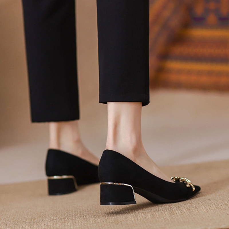 Giày Búp Bê Da Lộn Gót Dày Mũi Nhọn Màu Đen Thời Trang Công Sở 2022 Cho Bạn Gái
