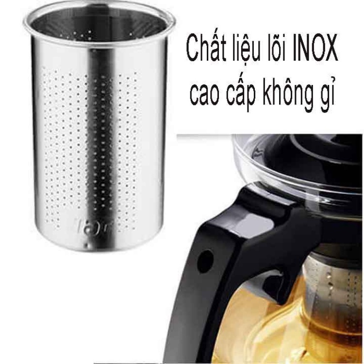 Bình nước thủy tinh có lõi lọc trà inox dung tích 1500ml nắp đậy và quai cầm chống nóng cao cấp
