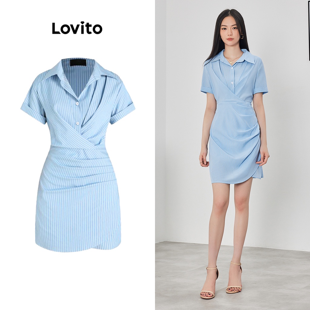 Đầm Lovito xếp nếp thắt nút kẻ sọc thường ngày cho nữ L62ED134 (Màu xanh dương)