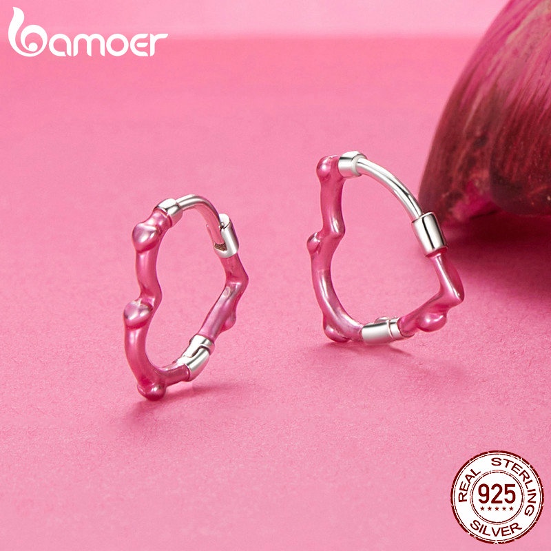 Bamoer Bông Tai Bạc sterling 925 Hình Trái Tim Màu Hồng