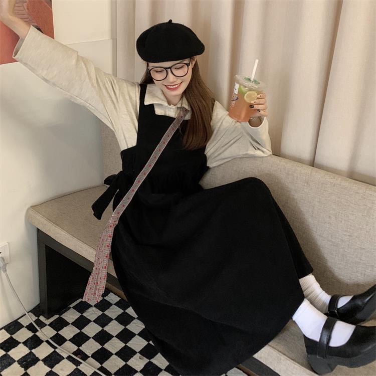 Váy yếm đầm Set Áo Sơ Mi Cổ Búp Bê + Đầm Yếm Dáng Rộng Thời Trang Mùa Thu Cho Nữ