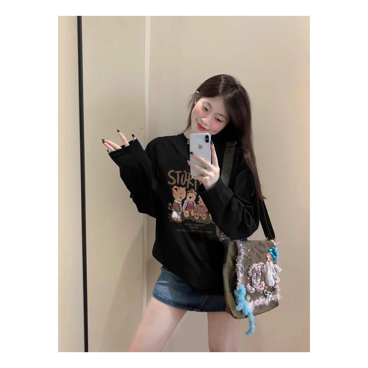 NRVP Mới Áo Thun 100% cotton Tay Dài Dáng Rộng Có In Hình Phong Cách Hàn Quốc Cho Nữ