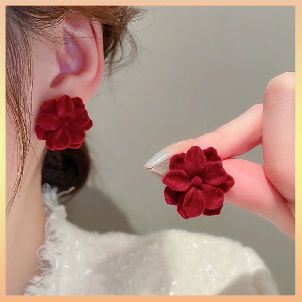 Thời Trang Bông Tai Hình Hoa Hồng Nhung Đỏ Phong Cách vintage Thanh Lịch Cho Nữ