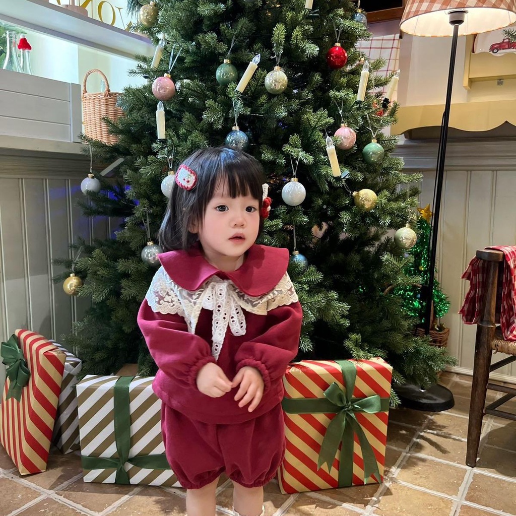 Set Noel Vải Nỉ Phối Ren Nơ