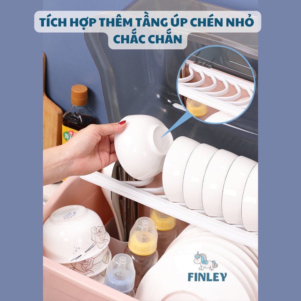 Kệ úp chén đĩa, bình sữa có nắp đậy 2 tầng FINLEY Smart tiệt trùng UV diệt khuẩn, kệ úp bát ly có khay hứng nước