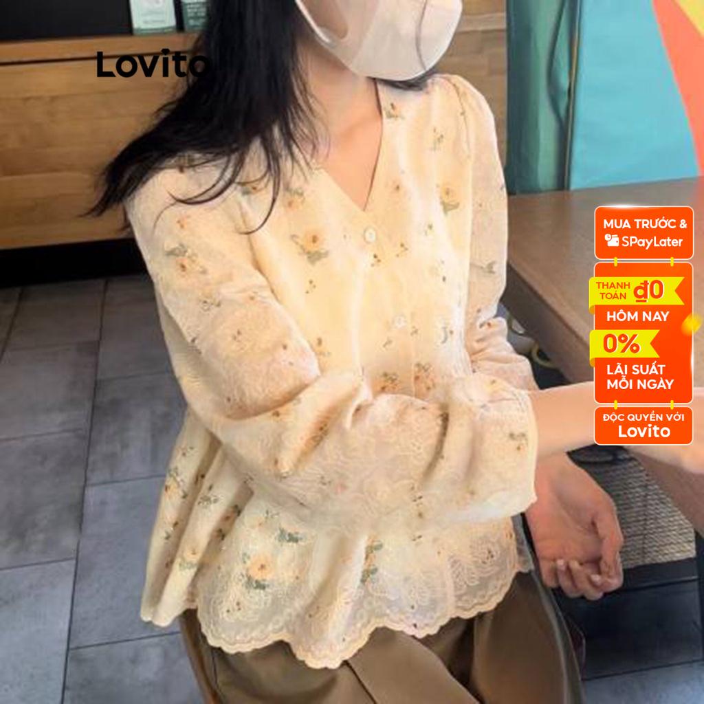 Áo kiểu Lovito tay dài thêu nút trước họa tiết hoa thường ngày cho nữ LNA08059 (màu mơ)