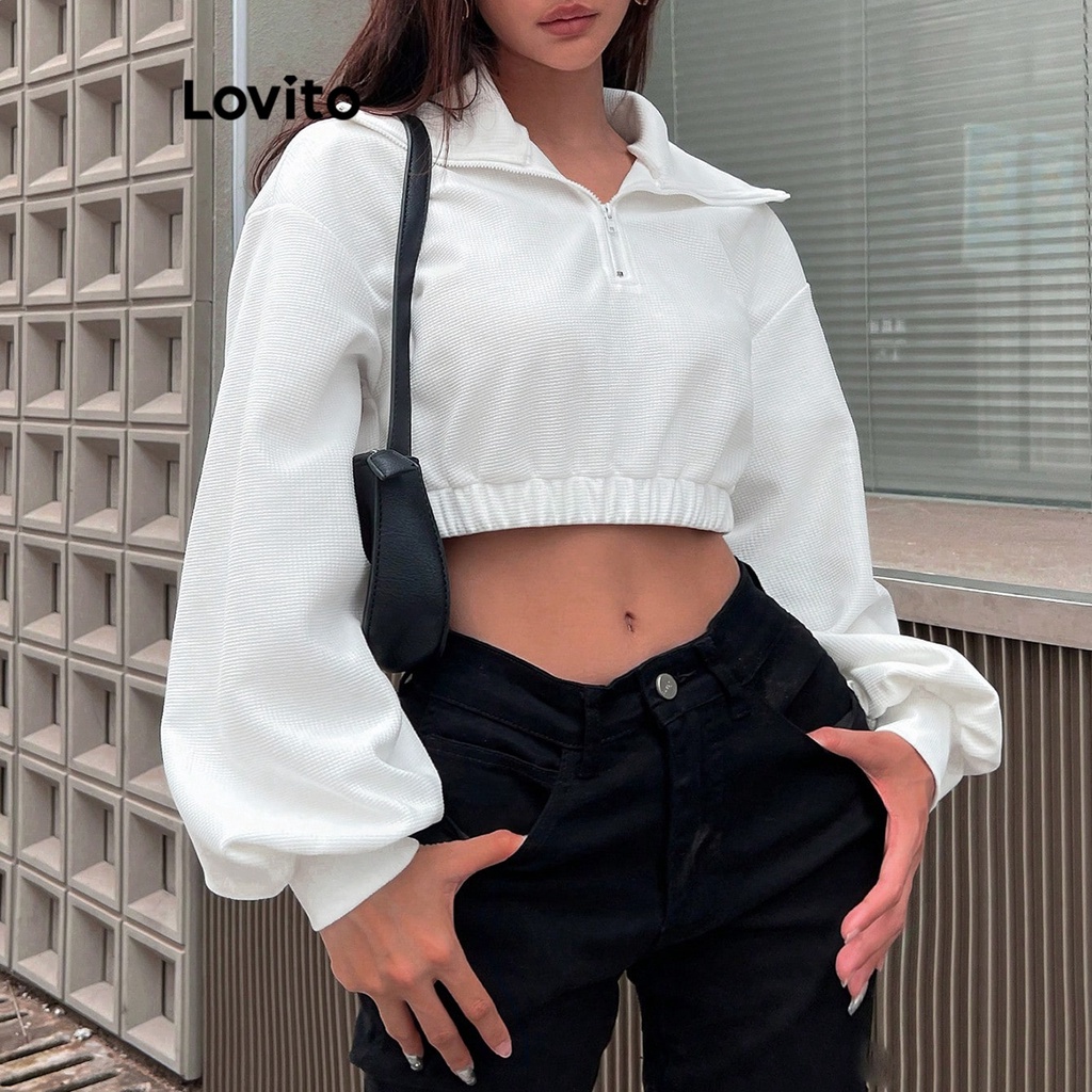 Áo sweatshirt Lovito tay bishop phối khóa kéo màu trơn thanh lịch cho nữ L62ED065 (Màu trắng nhạt)