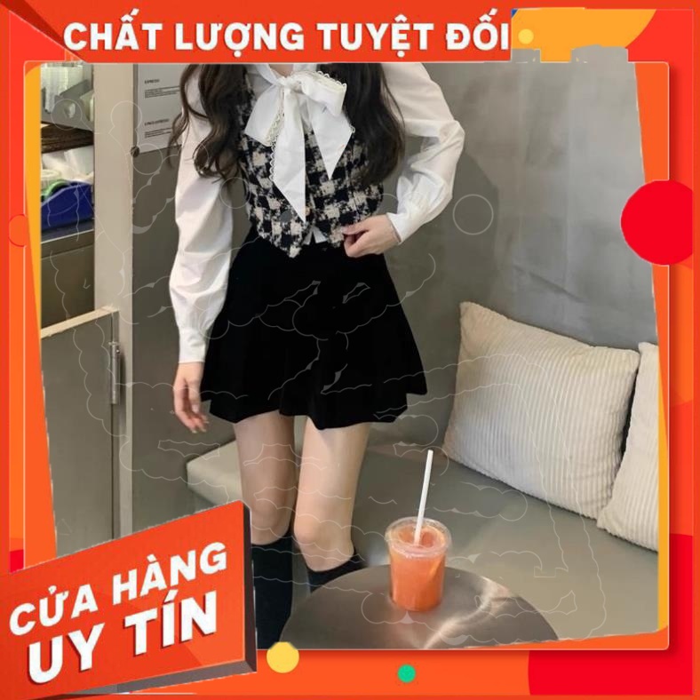 SS21 Sammi Shop Set Dạ 2 Món Áo Gile Kẻ Liền Sơ Mi Trong Siêu Dễ Thương phong Cách Hàn Quốc Có Ảnh Thật