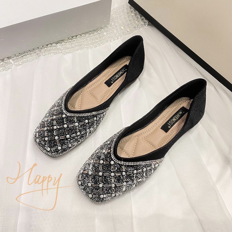 Giày Búp Bê Mũi Vuông Đính Đá Thiết Kế Mới Size 41-43 Thời Trang Dành Cho Nữ