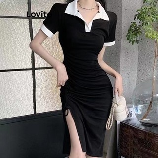 Đầm Lovito xẻ tà ghép nối màu trơn thường ngày cho nữ LNE21210 (Màu đen)