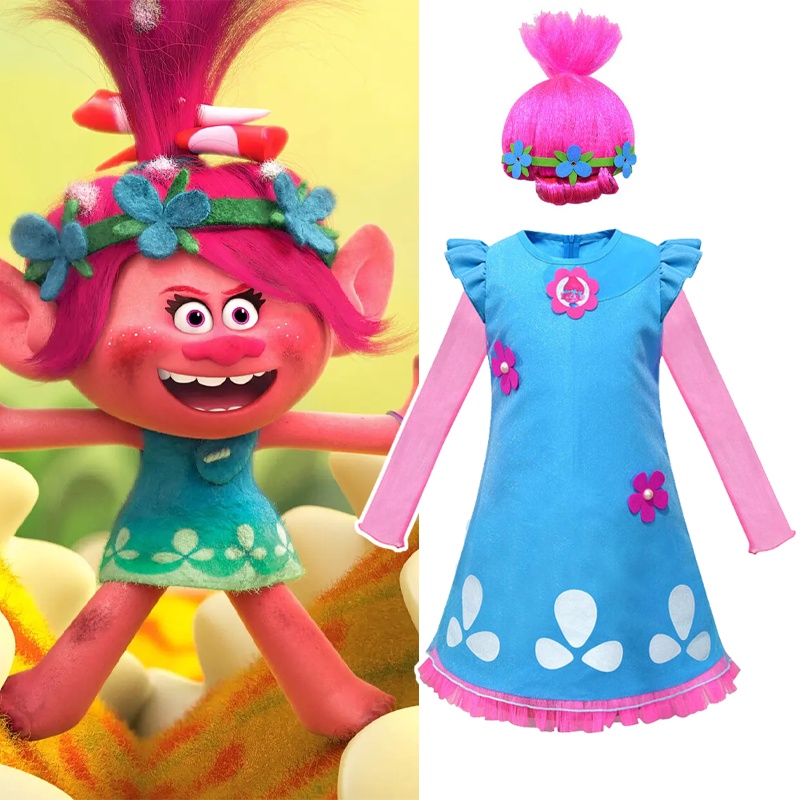 Poppy Đầm Hóa Trang Nhân Vật Hoạt Hình trolls Màu Hồng / Xanh Dương Cho Bé Gái