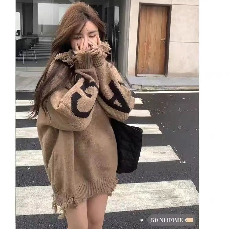 Plus Áo sweater Phối Rách Thời Trang Thu Đông Cho Nữ