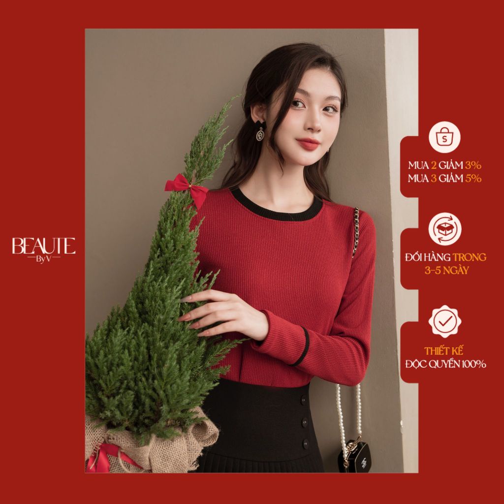 BEAUTEBYV - Áo len tăm nữ cổ tay cách điệu Cherry