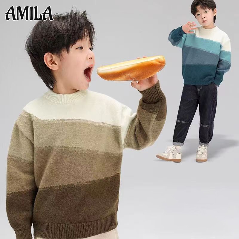 Amila Áo sweater Dệt Kim Cổ Tròn Dáng Rộng Phong Cách Hàn Quốc Giữ Ấm Cho Bé Trai Và Bé Gái