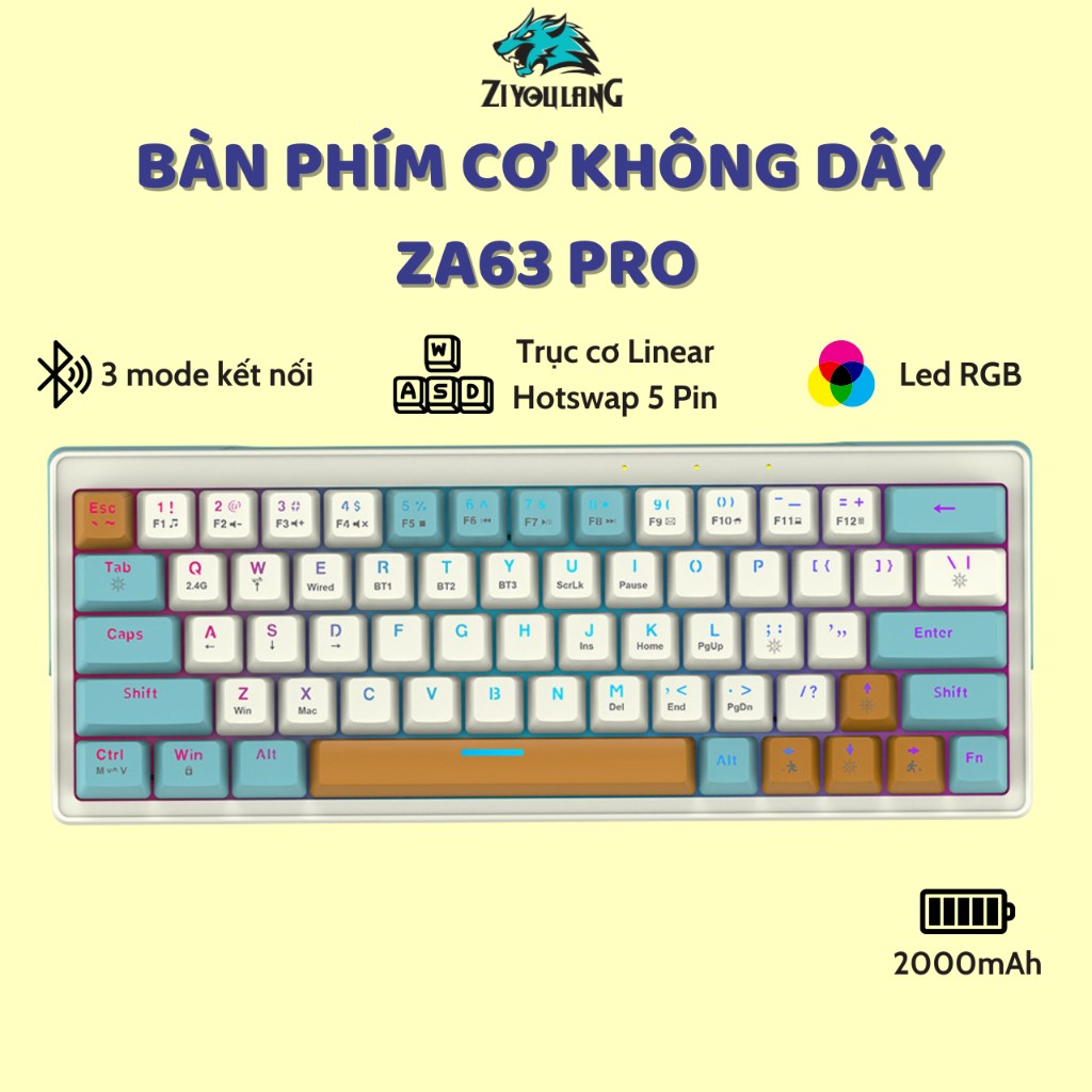 Bàn Phím Cơ Không Dây Bluetooth ZA63 Pro - 3 Mode Kết Nối - Trục cơ Linear Hotswap 5 Pin - Pin sạc - LED RGB