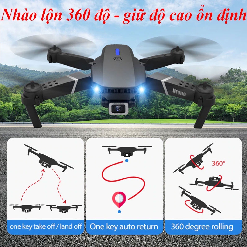 Flycam Mini Giá Rẻ Drone E88 Pro, Máy Bay Điều Khiển Từ Xa 4 Cánh Cao Cấp 2 Camera Pin 1800mAh bay 18 Phút (Tặng Chibi)