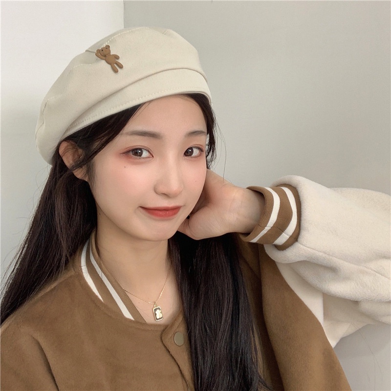 Mũ nồi len màu trơn hình gấu dễ thương thời trang thu đông hàn quốc cá tính cho nữ