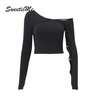 SweeticMe Áo Nữ Thời Trang Mới Màu Trơn Dài Tay Cổ Tròn Rỗng Áo Thun Gợi Cảm