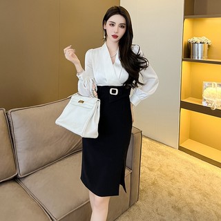 Đầm Dài Ôm Hông Cổ Chữ V Màu Trắng Đen Thời Trang Mùa Thu 2023 30017 Dành Cho Nữ