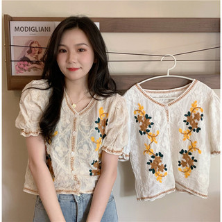 Áo Sơ Mi Tay Ngắn Phồng Thêu Hoa Phong Cách Hàn Quốc Thời Trang Mùa Hè Cho Nữ