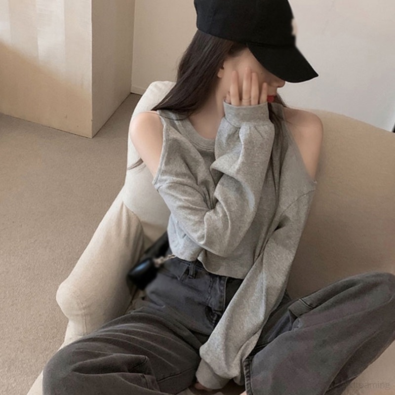 Áo Croptop Nữ Thun Tay Dài Cổ Tròn Hở Vai Thời Trang Thu Đông Mới Dành Cho Nữ