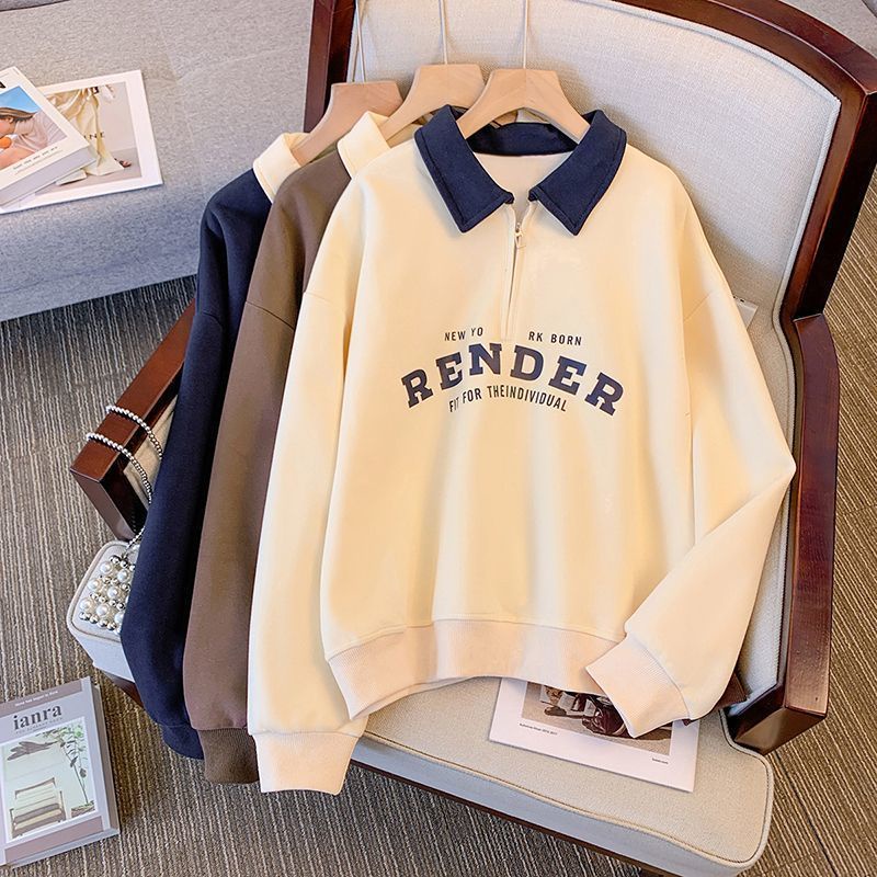 Áo Sweater Nhung Tay Dài Dáng Rộng Cổ polo Có Khóa Kéo Phong Cách retro Mỹ Thời Trang Thu Đông Cho Nữ