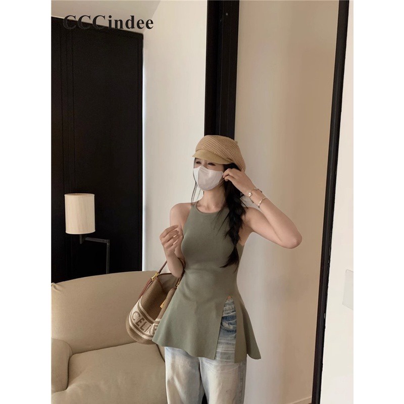 Áo Tank Top Hai Dây Dệt Kim Mỏng Cổ Tròn Xẻ Tà Màu Trơn Thời Trang Mới 2023 Dành Cho Bạn Nữ