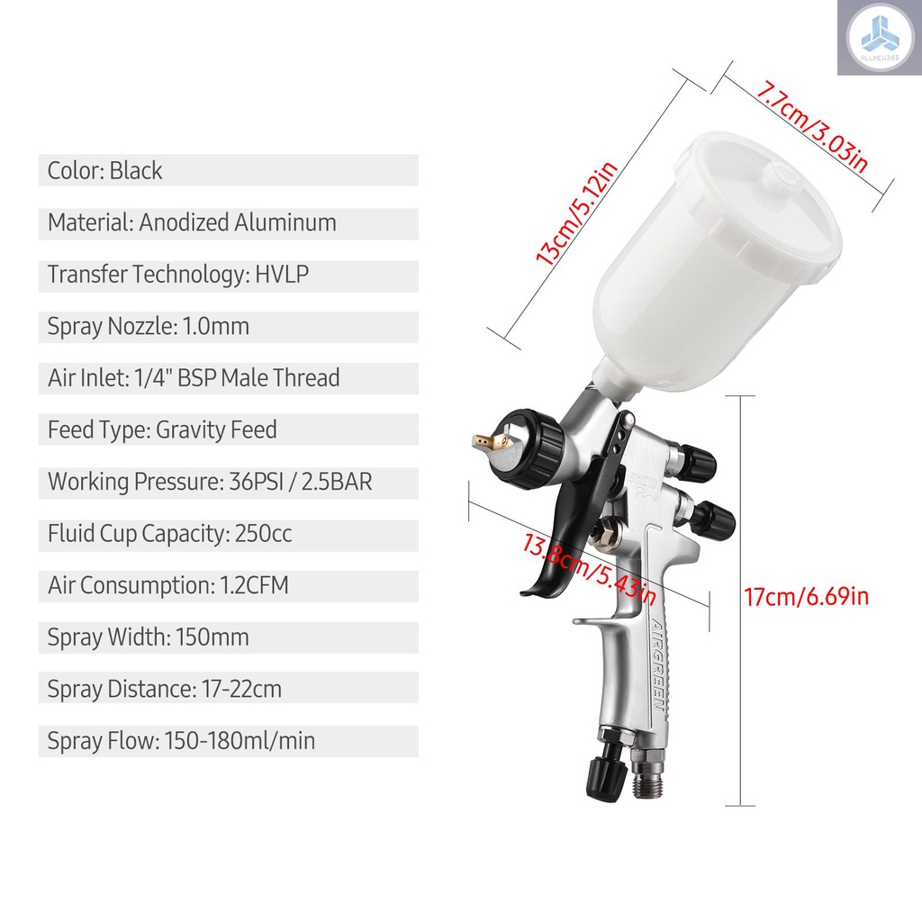 Hvlp Súng Phun Sơn 1.0mm 250cc mini Cầm Tay Xoay 360 Độ tolo-9.3