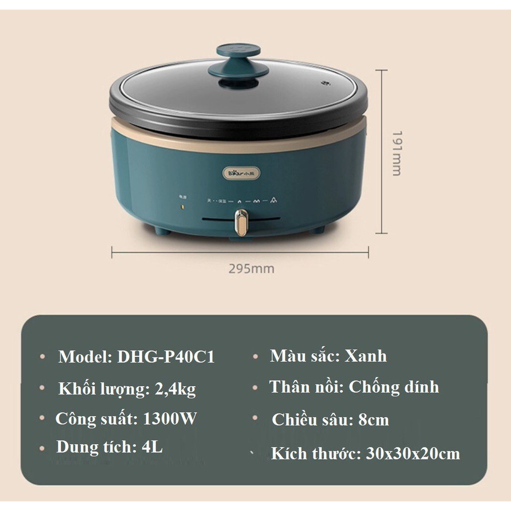 Nồi Lẩu Bear ⚡ CHÍNH HÃNG ⚡ Bếp Lẩu Chiên Xào Đa Năng Dung Tích 4L Model DHG-P40C1-Bảo Hành 12 Tháng