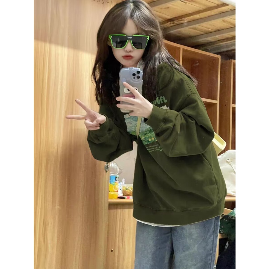 NEWMINE❤Áo sweater Áo nỉ dài tay Áo Thun Nỉ Tay Dài Cổ Tròn Dáng Rộng In Hình Cô Gái Phong Cách Thời Trang