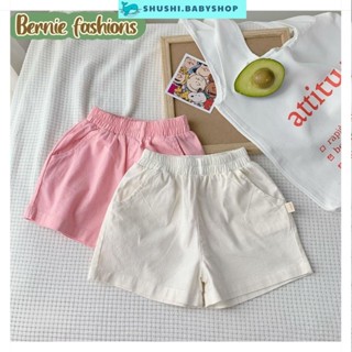 Quần short đùi linen kaki mềm bé trai bé gái có túi màu trắng màu hồng cho bé từ 1 tới 7t SHUSHIBABY