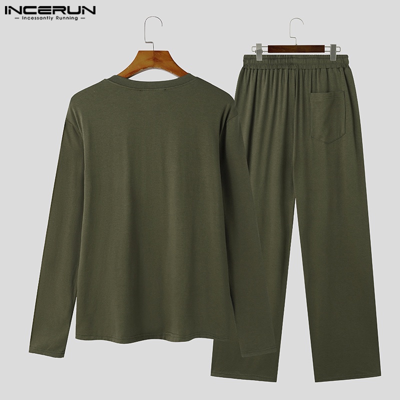 INCERUN Set Áo Sơ Mi Dài Tay Và Quần Dài Lưng Thun Phong Cách Hàn Quốc Cho Nam