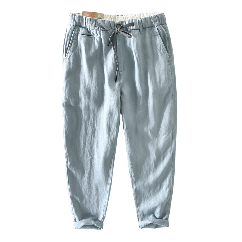 Quần Dài Nam 9 Tấc 100% Vải Lanh Dáng Rộng Có Dây Rút Phong Cách retro