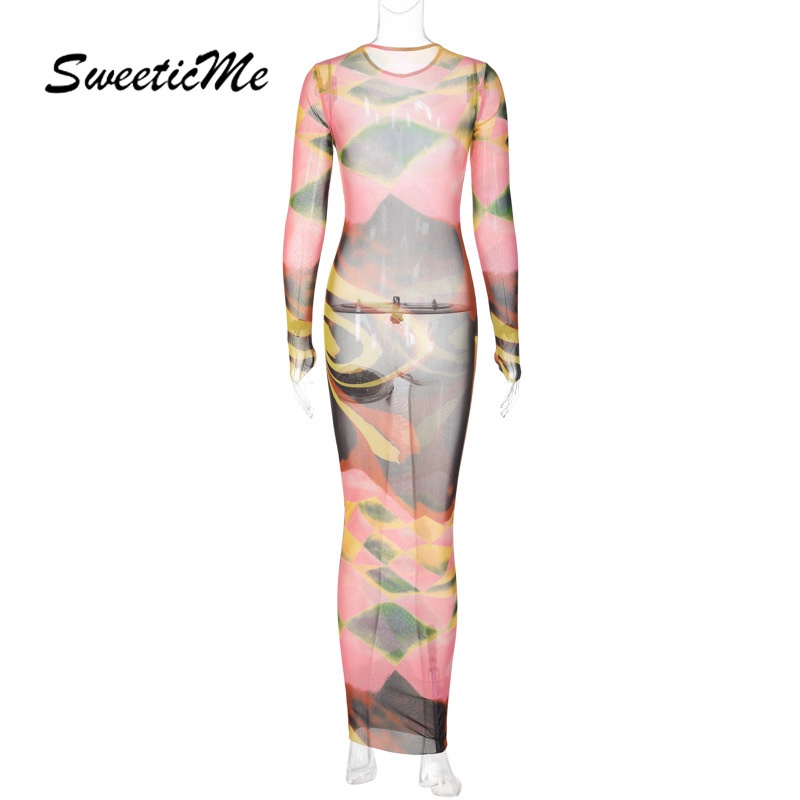 Sweeticme Đầm Dài Tay Cổ Tròn Phối Màu Tương Phản Thời Trang 2023 Cho Nữ
