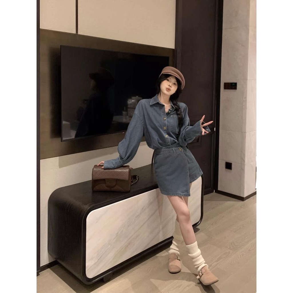Set Áo Khoác Jeans Dài Tay + Chân Váy Jeans Thời Trang Hàn Cho Nữ 3n