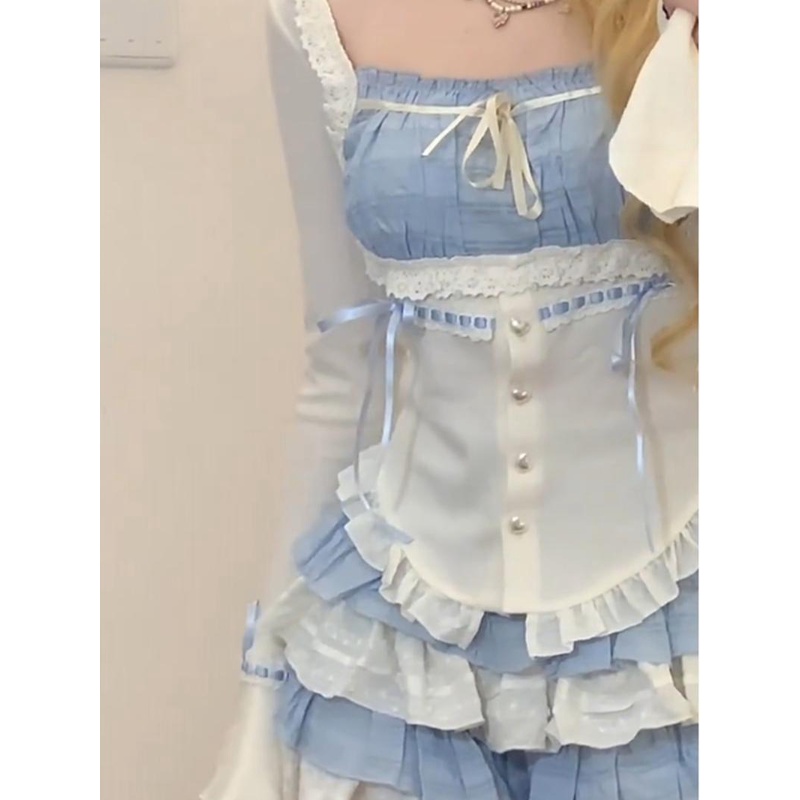 Dopamine Set Áo Sơ Mi Tay Dài Phối Chân Váy Tầng Màu Trơn Thời Trang Mùa Thu 2023 6fpe