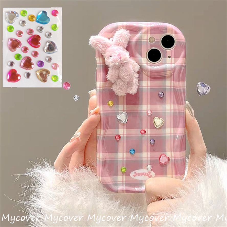 Ôp Điện Thoại Silicon Dẻo Hình Thỏ Bông Màu Hồng + Nhãn Dán diy Cho iphone 11 12 13 14 15pro max x xr xs 8 7 6 plus se 2020 Ốp