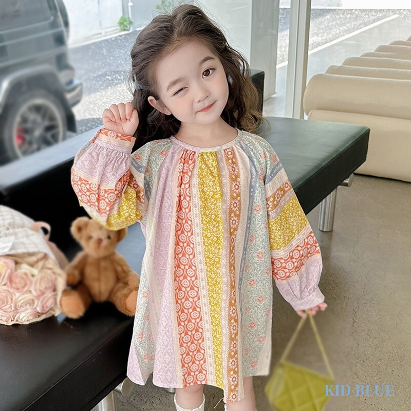 Đầm Công Chúa Tay Dài Cổ Tròn In Họa Tiết Thổ Cẩm Phong Cách Hàn Quốc Thời Trang Xuân Thu Cho Bé Gái