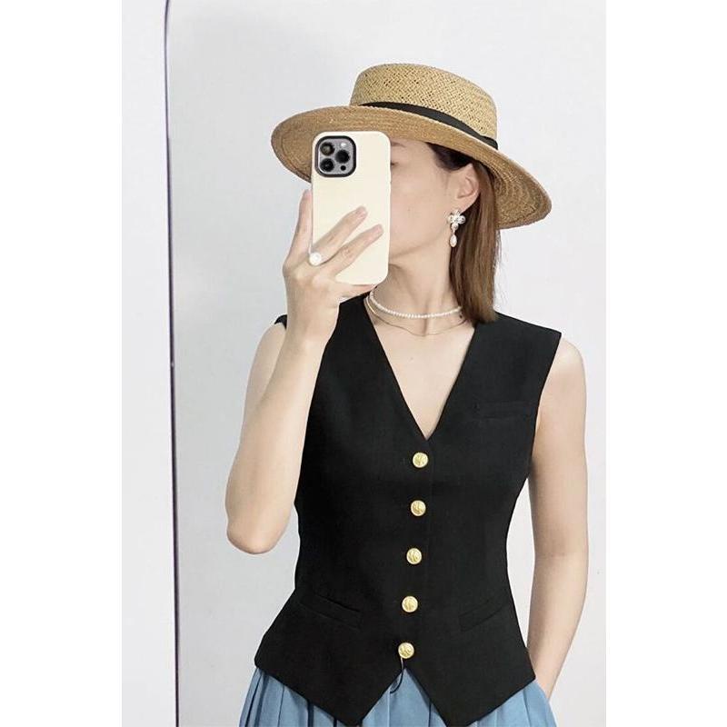 Áo Sát Nách Cổ Chữ v Màu Trơn Phong Cách vintage Thanh Lịch Thời Trang Mùa Hè Cho Nữ