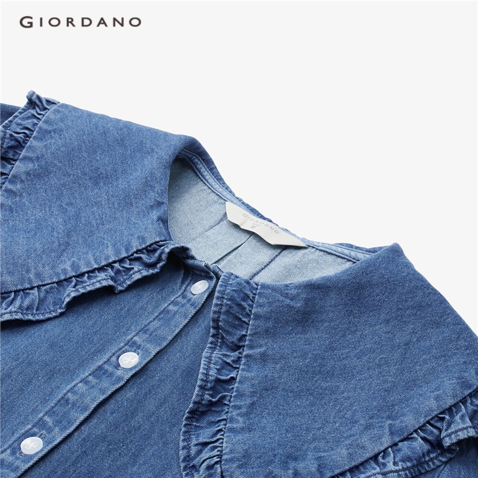 GIORDANO WOMEN Doll collar long sleeve loose denim shirt 13343802