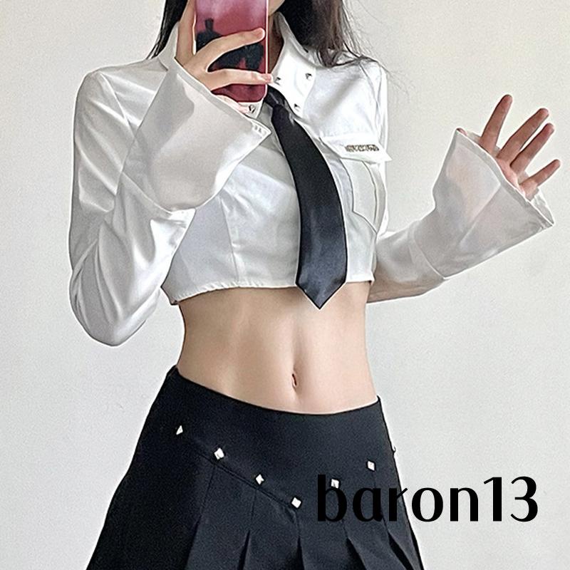 Áo Sơ Mi Crop TopTay Dài Ôm Dáng Cổ Bẻ Cài Khuy Thắt Nơ Phong Cách-xo8k