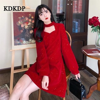 KDKDP Đầm Nhung Vàng kdkdp Giáng Sinh Cổ Treo Màu Đỏ Tuyệt Vời
