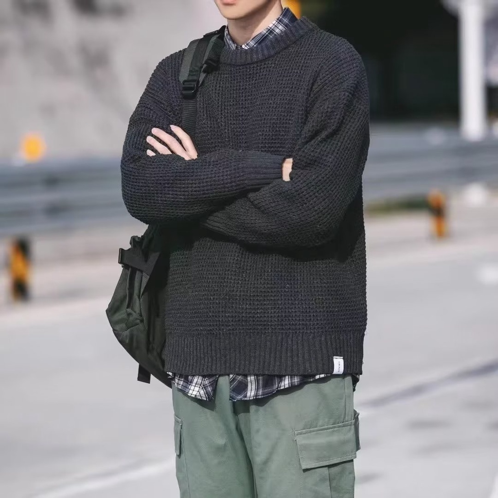Áo Sweater Dệt Kim Tay Dài Dáng Rộng Màu Đen Phong Cách Hàn Quốc Cho Nam Giới size m-5xl