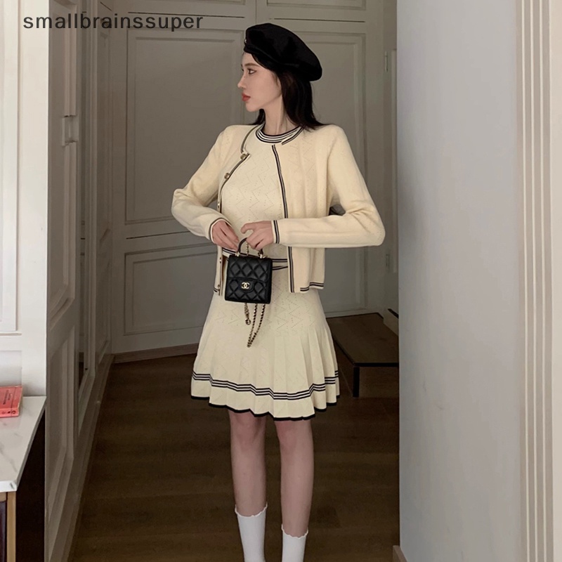 Smallbrainssuper set Áo Khoác cardigan Váy mini Xếp Ly Quyến Rũ Cho Nữ  sbs