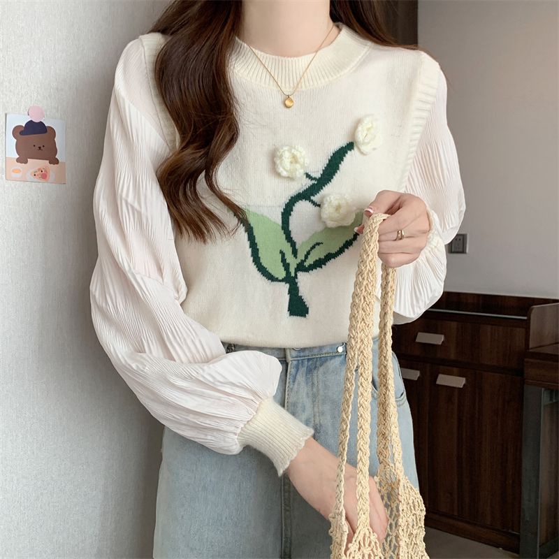 Áo sweater Dệt Kim dopamine Dáng Ngắn Tay Dài Giả Hai Mảnh Tươi Tắn Phong Cách Hàn Quốc Mới Mùa Thu Cho Nữ