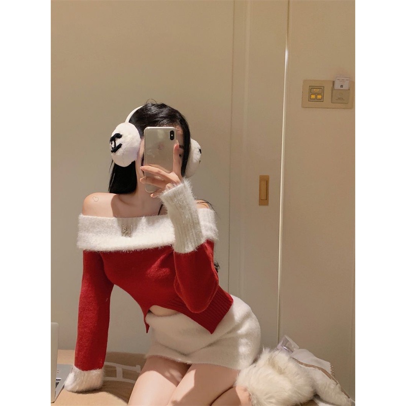 Uiowoo Set Áo Len Ngắn Xẻ Tà + Chân Váy Lưng Cao Màu Đỏ Phong Cách Giáng Sinh Thời Trang Thu Đông Cho Nữ