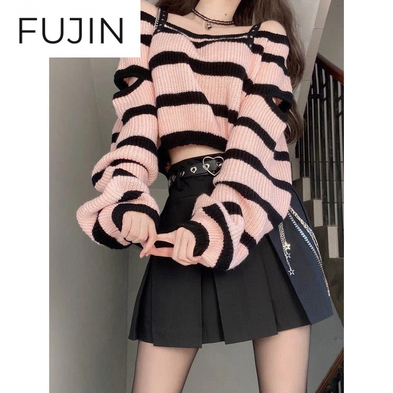 Áo FUJIN WXF2390XUZ37Z230915 tay dài dáng rộng họa tiết sọc phong cách Hàn Quốc sang trọng cho nữ
